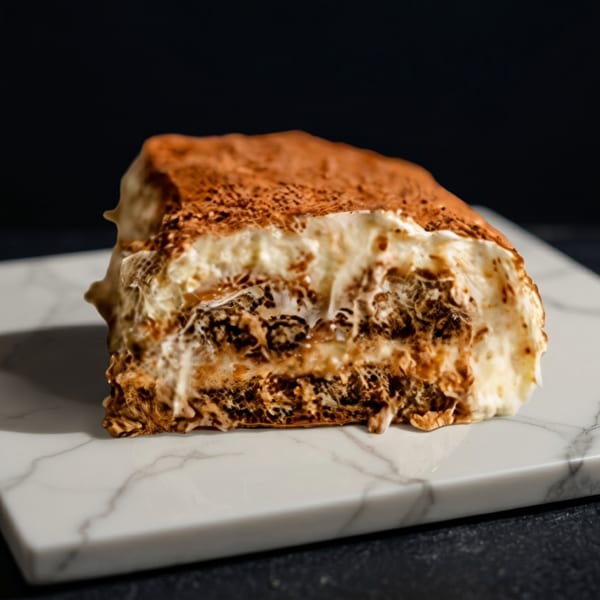 A slice of tiramisu with cocoa powder on top, sitting on a white marble slab.
