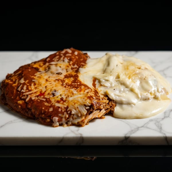 Two enchiladas, one red and one white, on a white marble slab against a dark background.