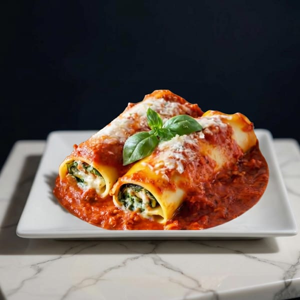 Two cannelloni pasta rolls filled with spinach and ricotta, topped with marinara sauce and basil.