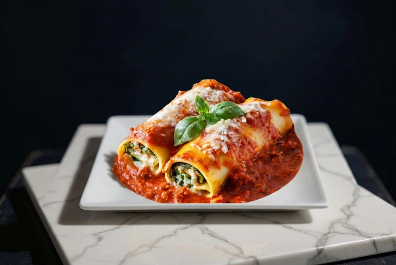 Two cannelloni pasta rolls filled with spinach and ricotta, topped with marinara sauce and basil.