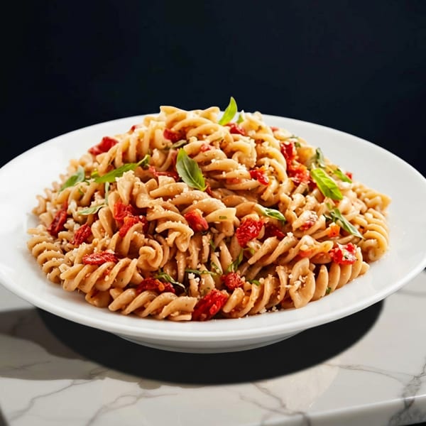 A white plate of fusilli pasta with sun-dried tomatoes, parmesan, and basil on a marble surface.