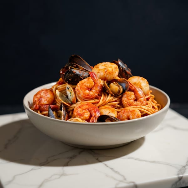 Seafood pasta with shrimp, mussels, and clams in a white bowl on a marble slab.