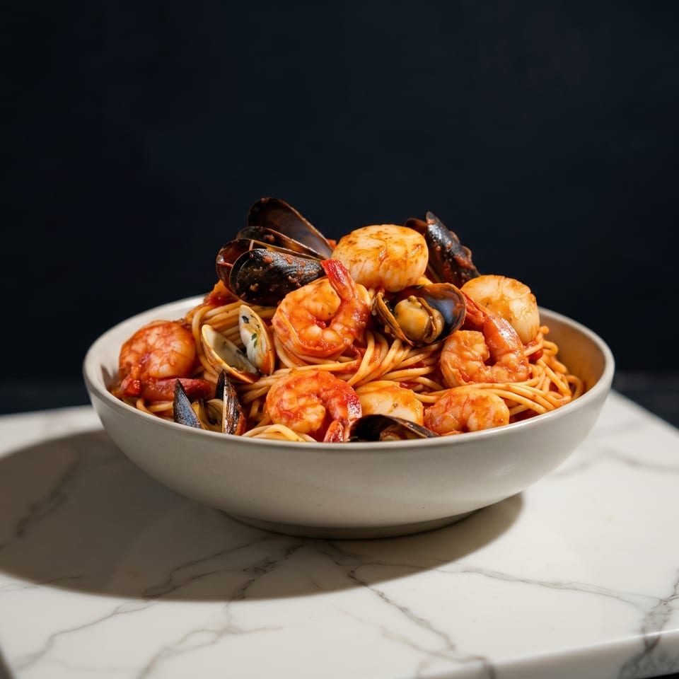 Seafood pasta with shrimp, mussels, and clams in a white bowl on a marble slab.