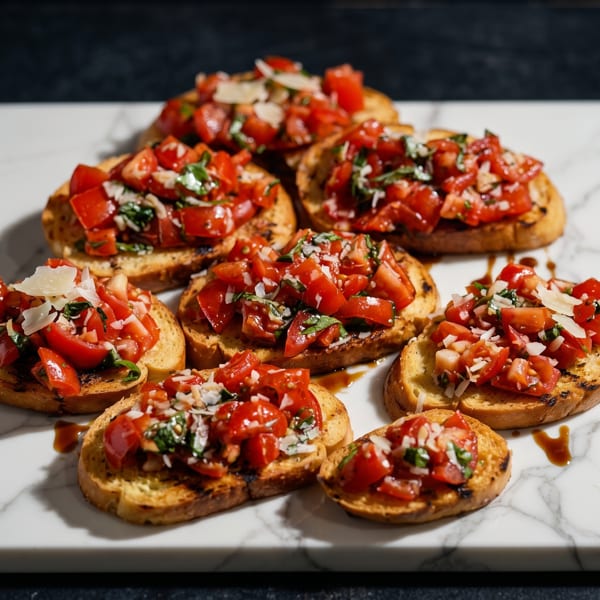 Several bruschetta appetizers with diced tomatoes, basil, and parmesan cheese on a marble board.