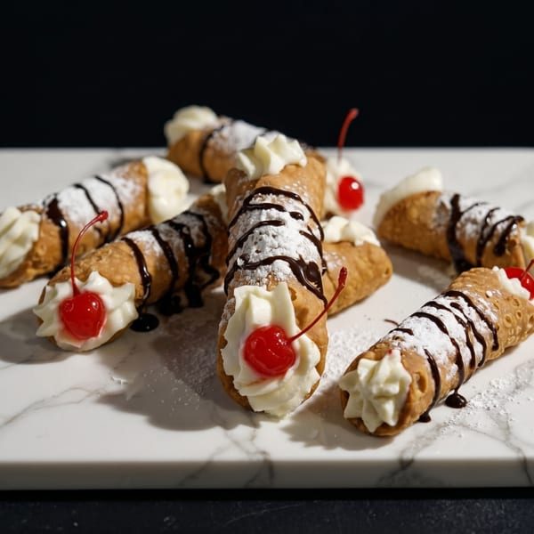 Several cannolis with whipped cream, chocolate drizzle, powdered sugar, and cherries on a marble board.