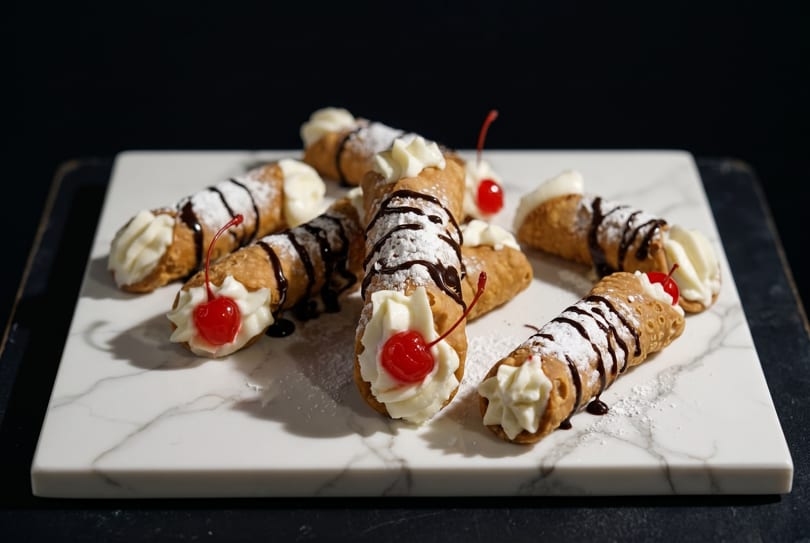 Several cannolis with whipped cream, chocolate drizzle, powdered sugar, and cherries on a marble board.