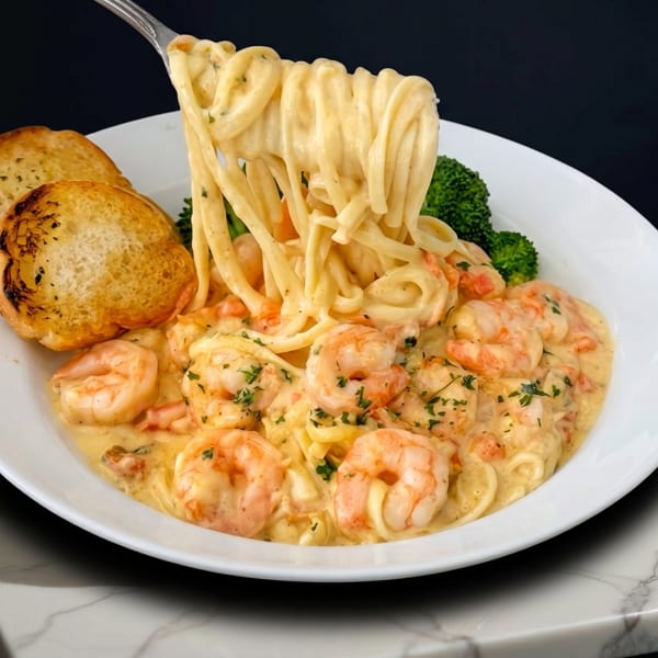 Creamy shrimp linguine with broccoli and garlic bread, lifted by a fork against a dark background.